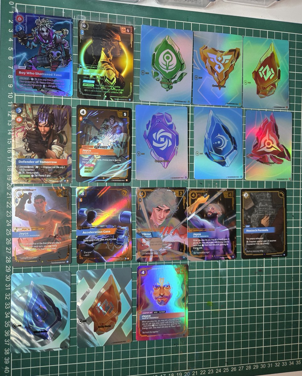 Badassassassin's tweet photo. All of the custom #riftbound cards I have made so far.

#Jayvik / Jayce vendetta set
#Ekko Radiant custom ON
#Mel vendetta 
Custom runes to match the Arcane runestone aesthetic. https://t.co/P4Q3z4zIqH