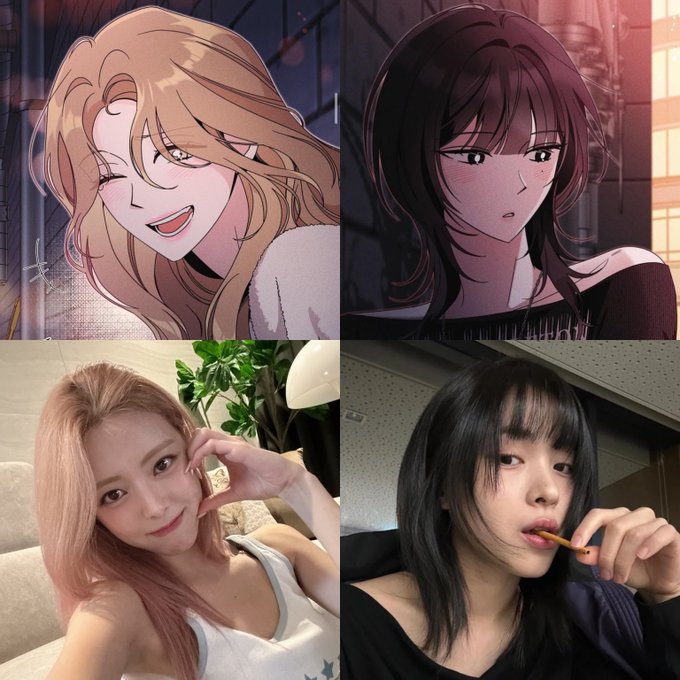 A four-panel image pairs two anime-style portraits with their real-life counterparts, showing women with blonde and dark hair respectively.