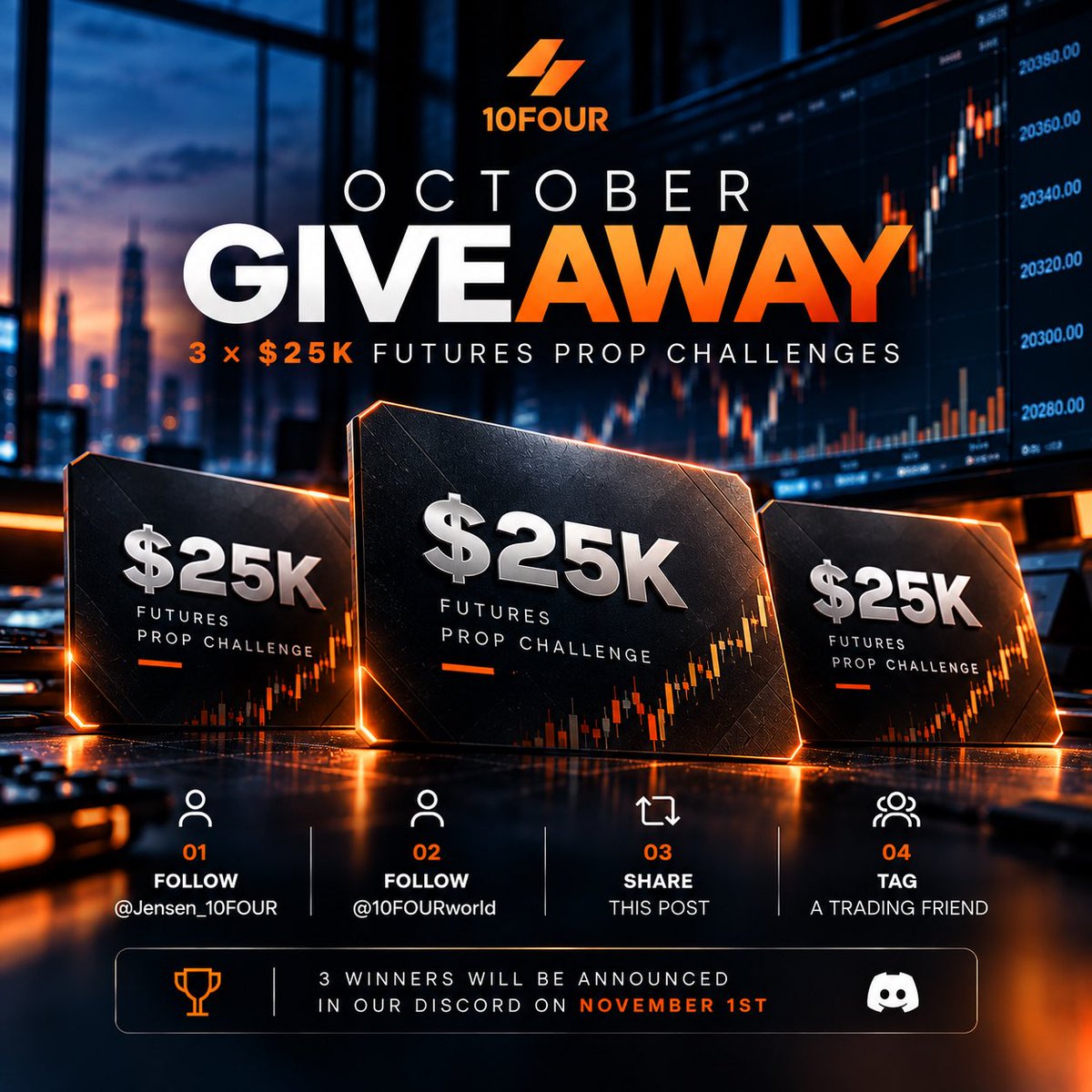 JENSEN_10FOUR's tweet photo. 🎁 GIVEAWAY  - 3× $25K FUTURES PROP CHALLENGES

We’re giving 3 traders a $25K 10FOUR Futures Prop Challenge 🚀

To enter:

✅ Follow @JENSEN_10FOUR 
✅ Follow @10FourWorld 
🔁 Share this post
🏷️ Tag a trading friend

🏆 3 winners will be announced in our Discord on November 1st.

Good luck traders 👊

#10FOUR #FuturesTrading #PropTrading #Giveaway