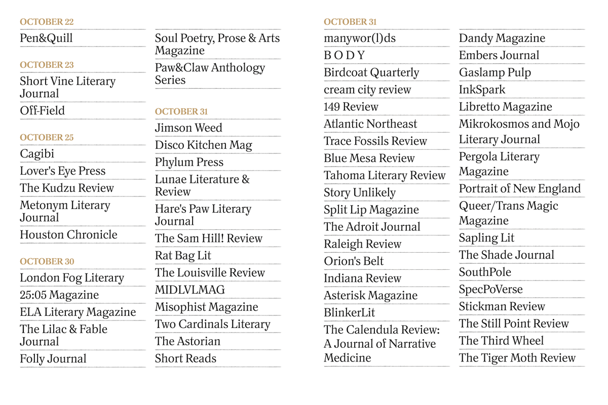 chillsubs's tweet photo. one month. hundreds of opportunities.

bookmark this list of magazines to submit to in October and start writing, planning, and getting sh*t done.

then come back and tell us how it went. https://t.co/WJ0rPZQXgw