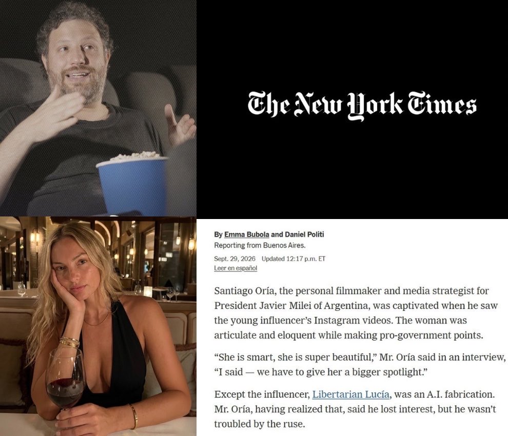 MatiAromi's tweet photo. Jsjfhskshs boludo, Santiago Oria se ENAMORO de una LIBERTARIA HECHA CON IA y THE NEW YORK TIMES se le esta CAGANDO DE RISA

Jslajsjsjaka 💀💀💀 https://t.co/sNDyR73UCi