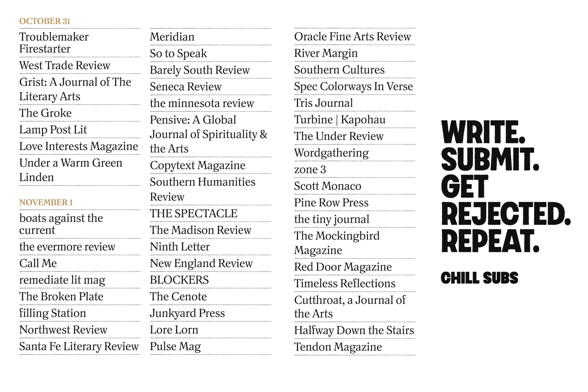 chillsubs's tweet photo. one month. hundreds of opportunities.

bookmark this list of magazines to submit to in October and start writing, planning, and getting sh*t done.

then come back and tell us how it went. https://t.co/WJ0rPZQXgw
