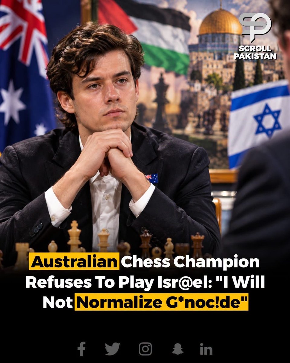 abuadulrahman82's tweet photo. Australian chess champion refuses to play Isr@el, saying, “I will not normalize Gen_0cide,” while explaining his position on the ongoing conflict. https://t.co/yiv6qbj4P5