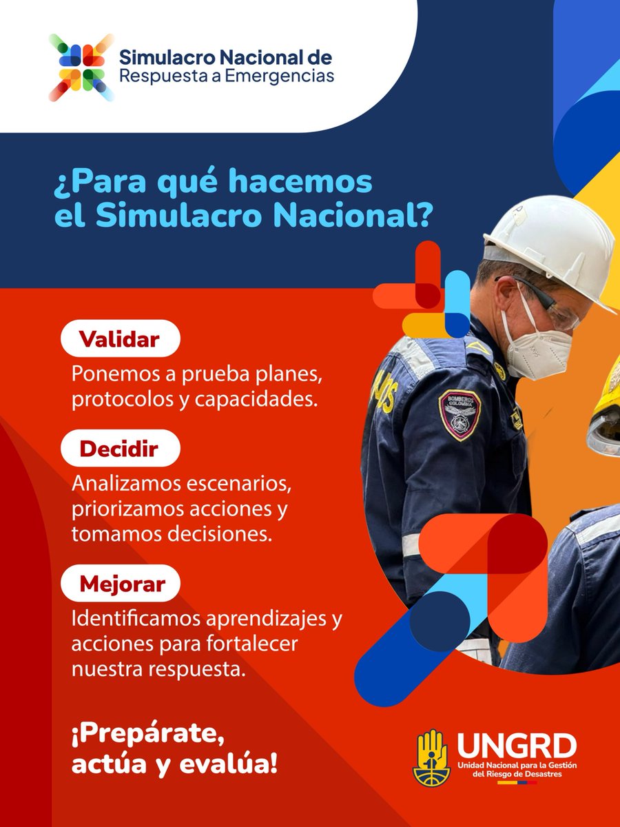 GestionRiesgoVa's tweet photo. 🎯 ¿Para qué hacemos el #SimulacroNacional2026?

Porque simular nos permite poner a prueba lo que tenemos preparado, tomar decisiones frente a distintos escenarios y convertir lo aprendido en acciones de mejora.

Este 21 de octubre, prepárate. Evalúa. Actúa. https://t.co/G7S2kZu3pw