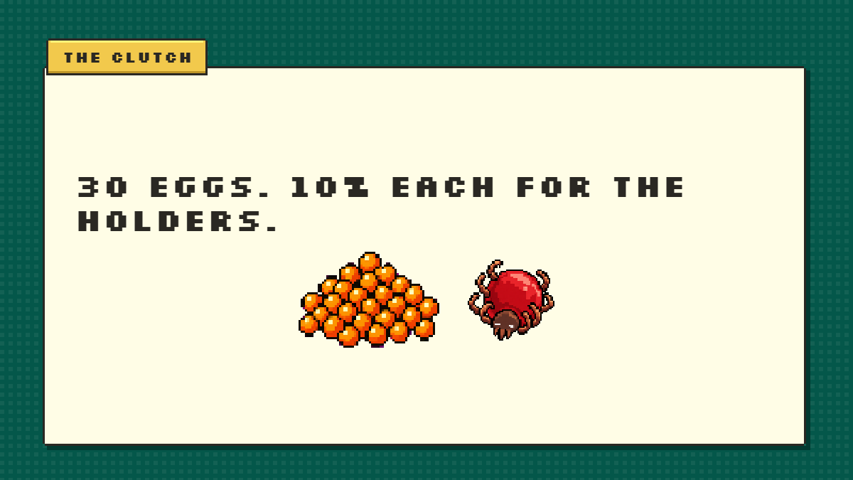 tickpaddotfun's tweet photo. The clutch: after its last drop-off an adult leaves 30 eggs.

Anyone holding 0.1% of it can hatch one: a new tick whose 10% supply is locked for the mother's holders, claimable once the egg graduates. https://t.co/nrYR9tFgNf