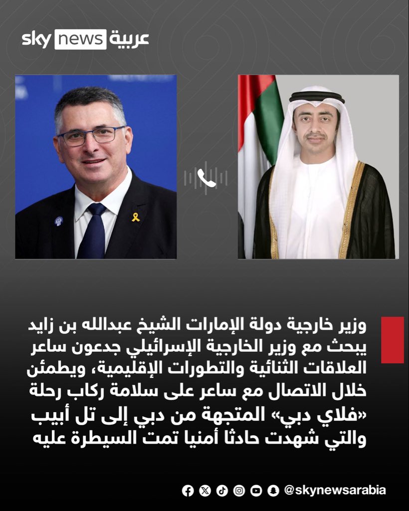 MohdTaqi11's tweet photo. سمو الشيخ الشيخ عبدالله بن زايد يبحث مع وزير الخارجية الإسرائيلي جدعون ساعر العلاقات الثنائية والتطورات الإقليمية ويطمئن خلال الاتصال مع ساعر على سلامة ركاب رحلة فلاي دبي المتجهة من دبي إلى تل أبيب والتي شهدت حادثا أمنيا تمت السيطرة عليه معربا عن تمنياته لهم بموفور الصحة والعافية https://t.co/7gAKCmMvbY