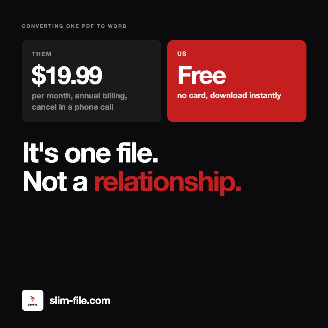 SlimFile_inc's tweet photo. Why pay $19.99/month when you can convert your PDF to Word for FREE?

One file. No complicated process. No unnecessary subscription.
Just convert and get your file instantly. 
Try it with SlimFile: https://t.co/Vo8mRxmZbD

#SlimFile #PDFToWord #PDFConverter #StudentTool #FreeTool https://t.co/uhdphv3Z6k