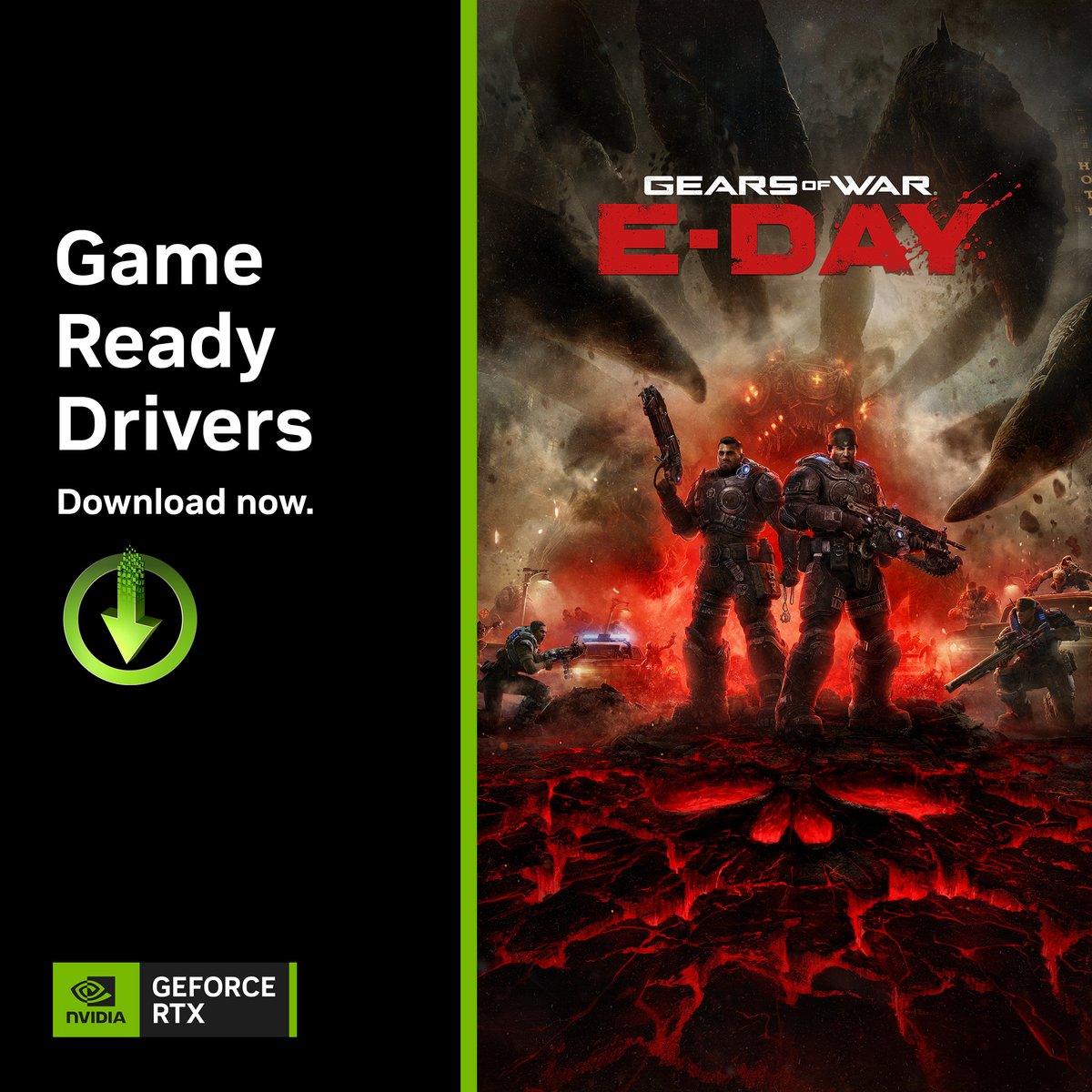 NVIDIAGeForce's tweet photo. The countdown to E-Day is on. 

Get battle-ready for launch by downloading our latest Game Ready Driver for the best experience in Gears of War: E-Day. https://t.co/O6eHiYNqyT