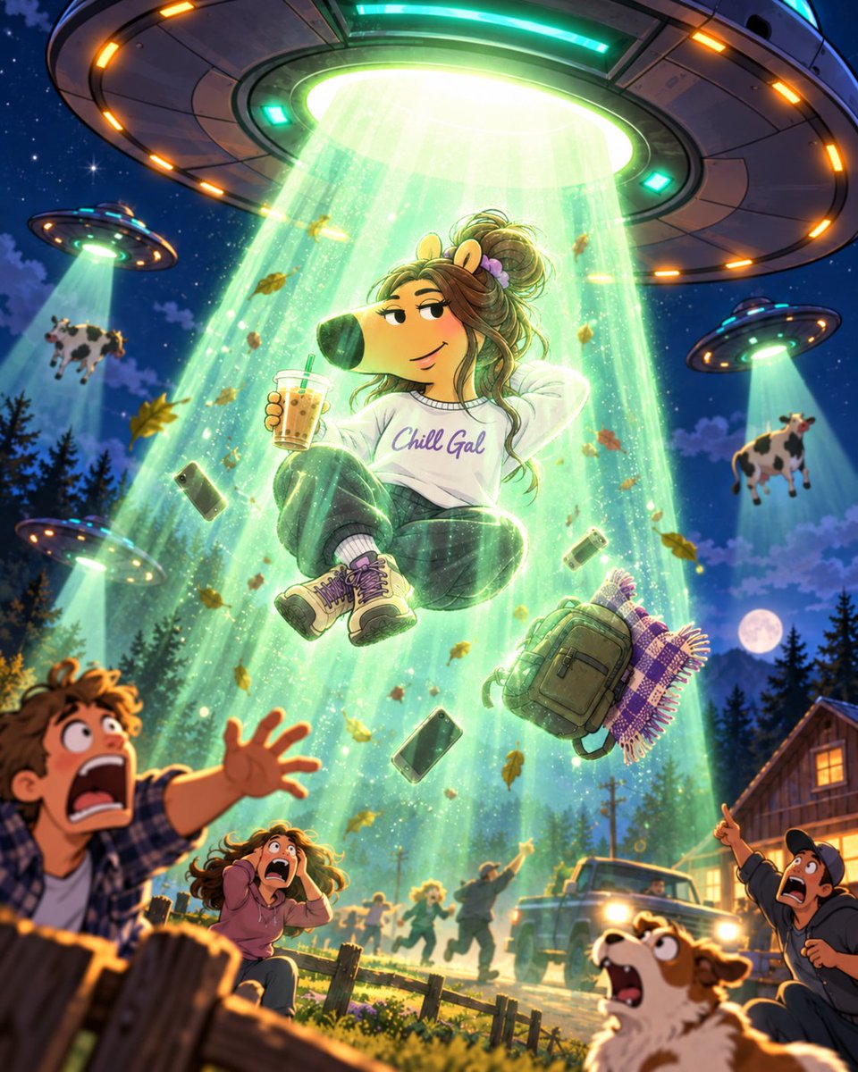 OnlyChillGal's tweet photo. everyone else:   Screaming!

me:   Just chilling in the tractor beam with my coffee 👽💜☕️ 😘 
still waiting on @ChillGuyERC20
@ChillGuyMemes @solana @PumpFun https://t.co/tS41yfCX3r