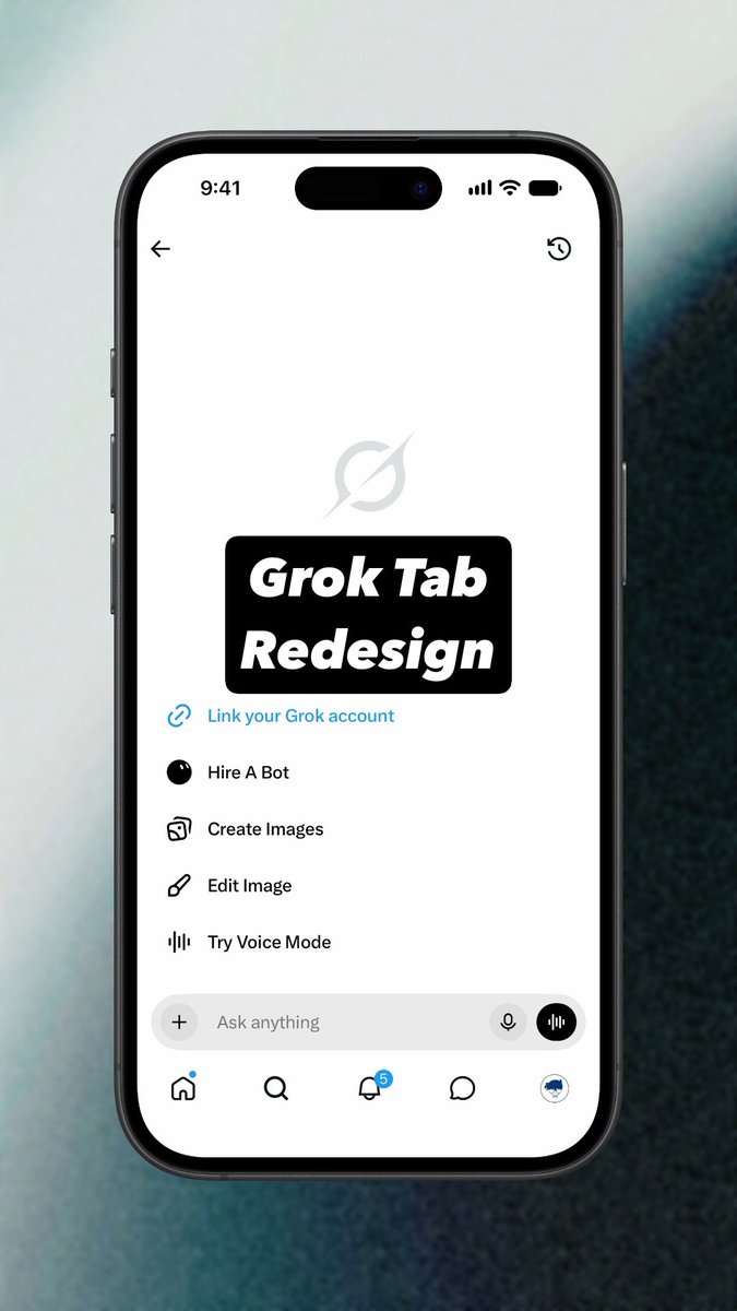 A mobile phone displaying a "Grok Tab Redesign" interface with options like "Link your Grok account," "Hire A Bot," and "Create Images."