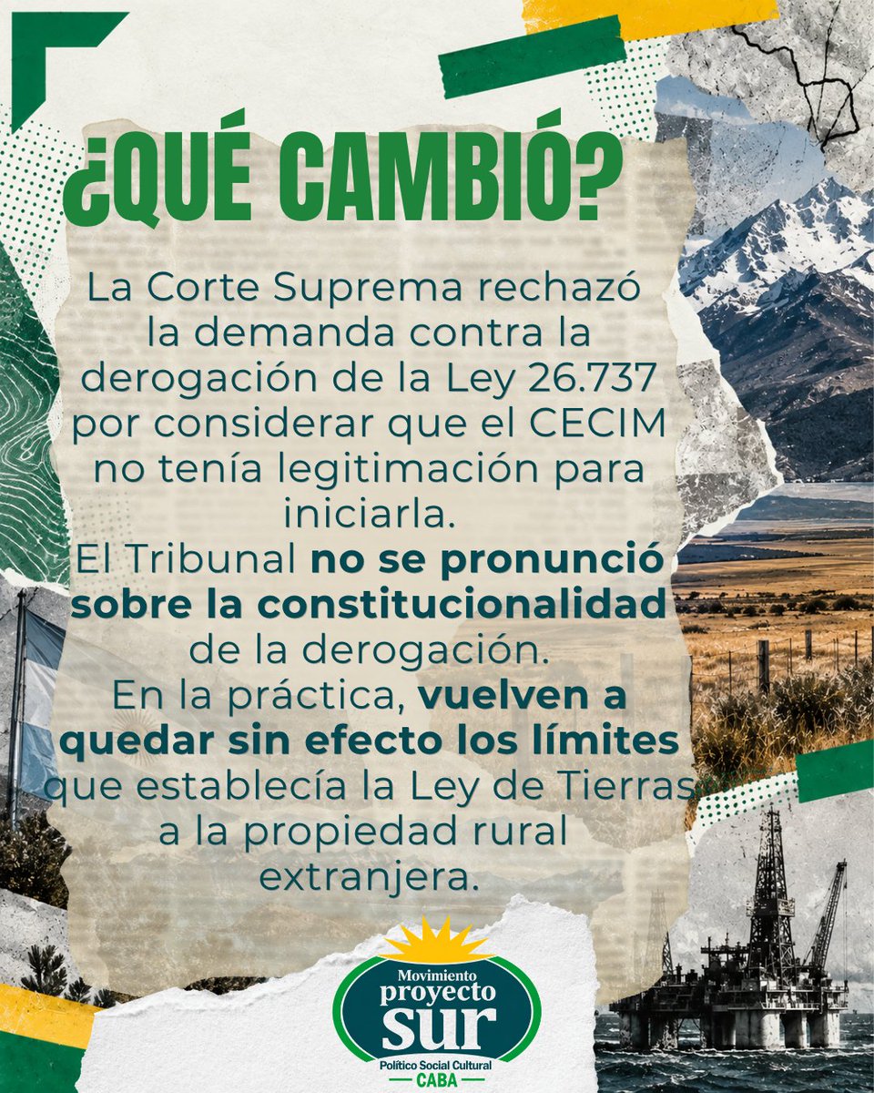 PSur_caba's tweet photo. 1/6 La tierra es territorio. Y el territorio es soberanía.

La Corte Suprema revocó el fallo que había frenado la derogación de la Ley 26.737 de Tierras Rurales.

¿Qué implica esta decisión? 🧵 https://t.co/ScnhhxY2yT