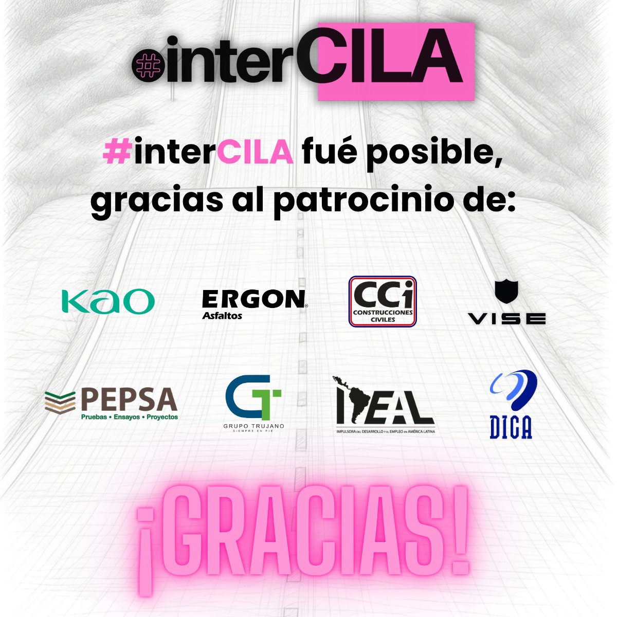 itafec_mx's tweet photo. 🤝 ¡Un agradecimiento especial a nuestros patrocinadores por su valioso respaldo en el #InterCILA 2026! 🛣️️✨

Gracias a Kao, Ergon Asfaltos, CCI Construcciones Civiles, Vise, Pepsa, Grupo Trujano y DICA por impulsar el futuro del asfalto en Iberoamérica. 🌍🇲🇽 https://t.co/XTZz7xTqcD
