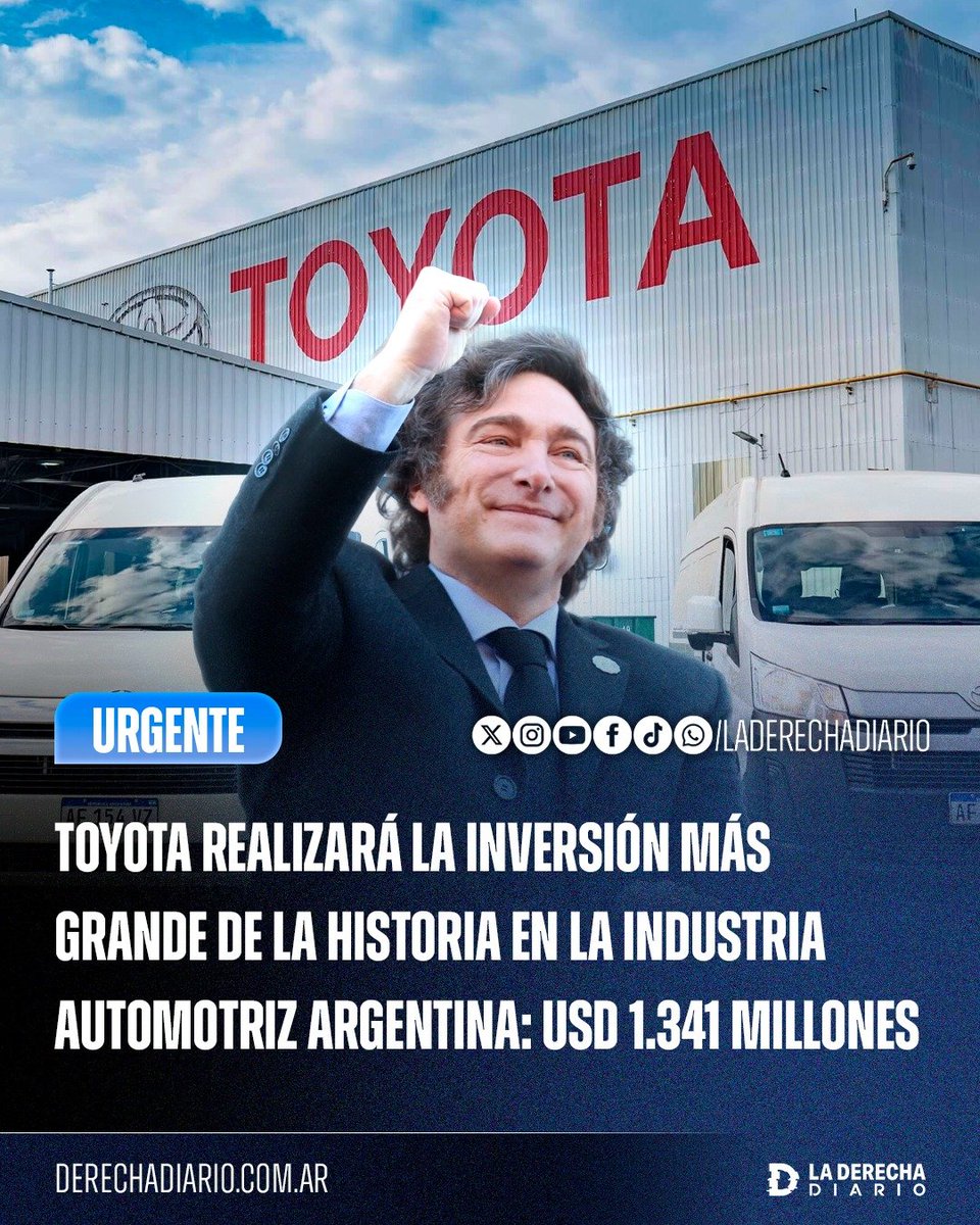 laderechadiario's tweet photo. 🚨🇦🇷🇯🇵 | EFECTO MILEI: TOYOTA REALIZARÁ LA INVERSIÓN MÁS GRANDE DE LA HISTORIA EN LA INDUSTRIA AUTOMOTRIZ ARGENTINA CON USD 1.341 MILLONES

El Comité Evaluador aprobó el ingreso al RIGI del proyecto de Toyota en Zárate, provincia de Buenos Aires. La inversión contempla una nueva planta para producir un vehículo 100% electrificado, una tecnología que actualmente no se fabrica en el país.

El proyecto prevé exportaciones por USD 1.280 millones anuales, equivalentes a cerca del 70% de su producción. Además, generará más de 3.600 empleos durante la construcción y más de 2.600 puestos directos e indirectos durante la etapa de operación.