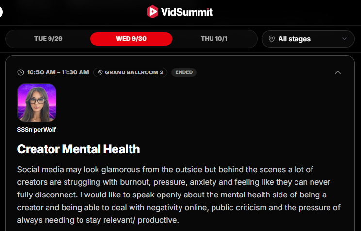 jacksfilms's tweet photo. SSsniperwolf gave a talk at VidSummit this morning on how creators can take care of their mental health. Which is important! As a creator myself, I've dealt with negative events impacting my mental health. For example, some creep with a large following livestreamed our home once https://t.co/nu7qncVVM2