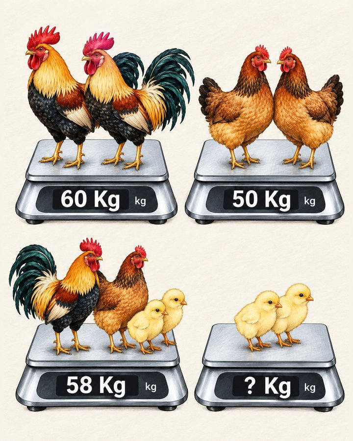 111169888rose's tweet photo. Only 1% will get this right.   Can you solve this without getting fooled? 🐥 What is the total weight of the 2 chicks? https://t.co/5J8zegkFwF