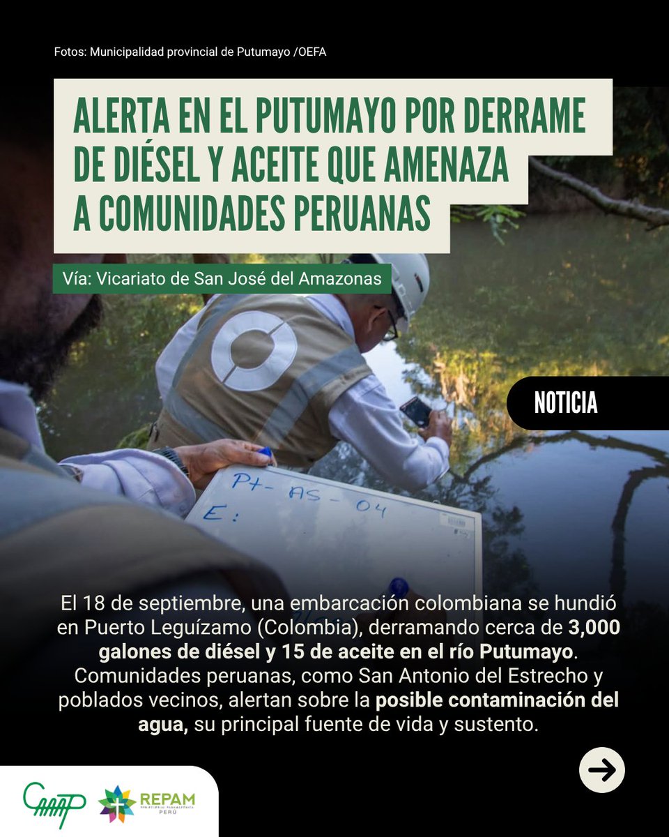 CaaapPeru's tweet photo. #Alerta 🚨 El hundimiento de una embarcación colombiana en Puerto Leguízamo provocó el vertimiento de aprox. 3,000 galones de diésel y 15 galones de aceite al río Putumayo, poniendo en riesgo el agua y la salud de comunidades fronterizas.
(+) https://t.co/4rwj7o4uVa