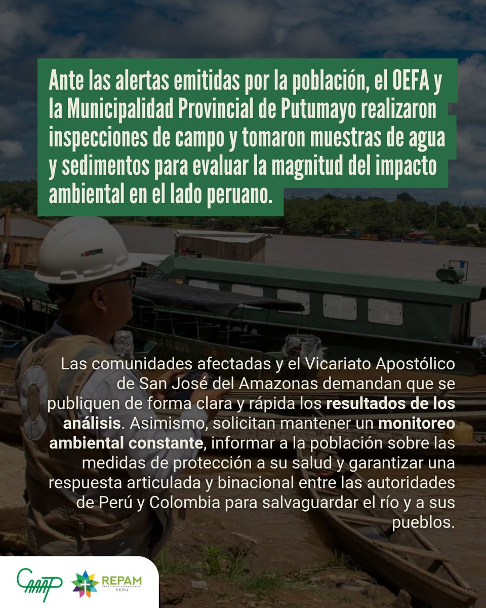 CaaapPeru's tweet photo. Por la corriente, el combustible amenaza a San Antonio del Estrecho y otras comunidades ribereñas. El OEFA y la Municipalidad Provincial de Putumayo ya realizaron inspecciones y tomaron muestras de agua y sedimentos para evaluar el impacto en territorio peruano.
(+) https://t.co/roDwW2AJ6Z