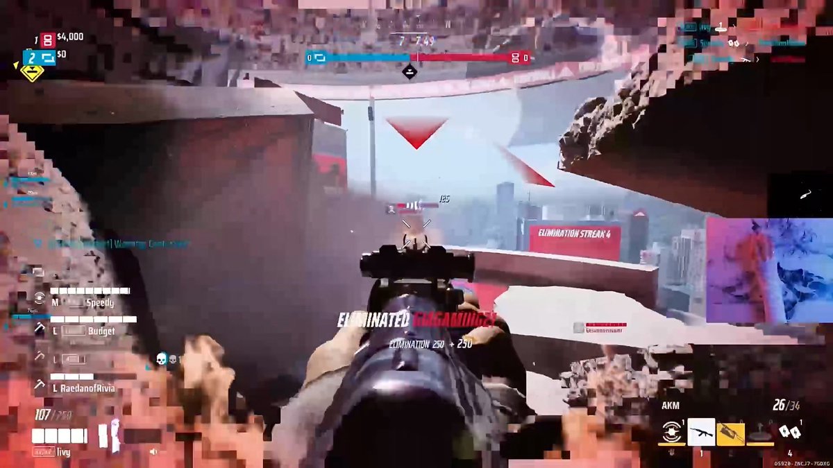 A first-person shooter video game screenshot showing an AKM rifle aiming at a distant enemy, with HUD text displaying 'ELIMINATED GASAMUGEI' and ammo count '26/34'.