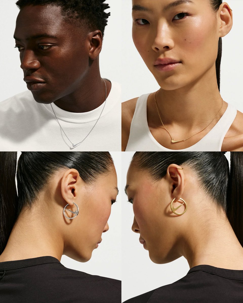 nicekicks's tweet photo. Nike is offically entering the jewelry game with a new Swoosh necklace and earring collection 🔥

The necklace and earrings are crafted with premium sterling silver with a choice of either 14k gold vermeil or white rhodium plating 👀 https://t.co/XJaKCjrGu4
