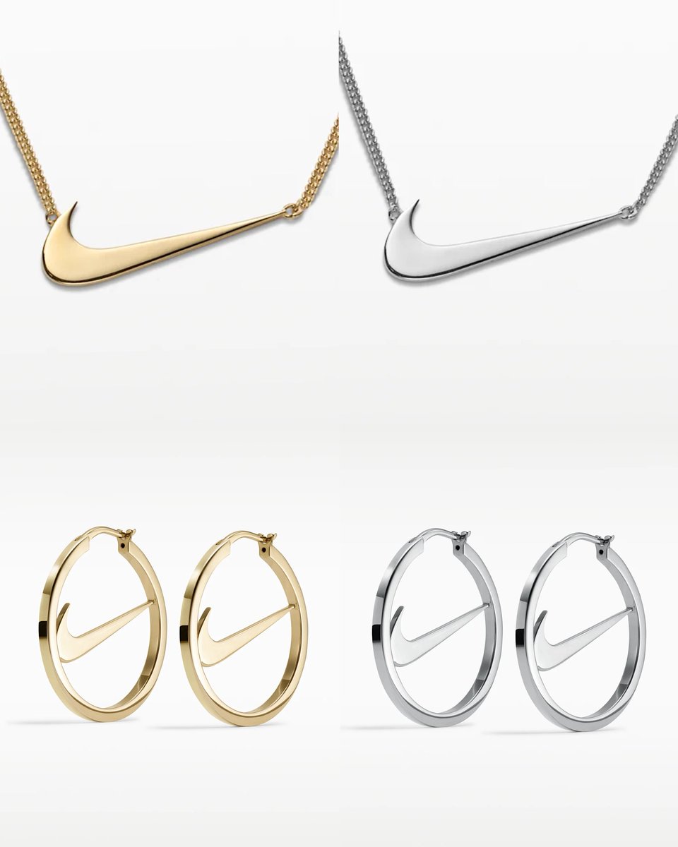 nicekicks's tweet photo. Nike is offically entering the jewelry game with a new Swoosh necklace and earring collection 🔥

The necklace and earrings are crafted with premium sterling silver with a choice of either 14k gold vermeil or white rhodium plating 👀 https://t.co/XJaKCjrGu4