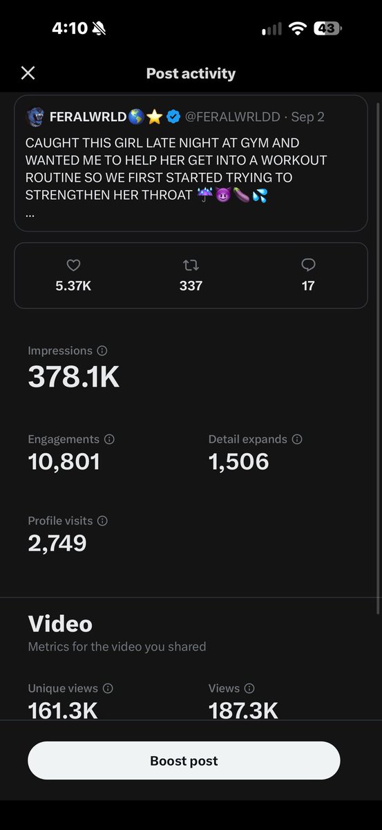 FERALWRLDD's tweet photo. RECENT PROMO RESULTS ☔️⚡️
REAL CLIENTS. REAL RESULTS.
378K+ IMPRESSIONS ON A RECENT PUSH 📈
DM FOR CURRENT PROMO OPTIONS. https://t.co/jdSOxEQOPn https://t.co/a1fsStv6Uo