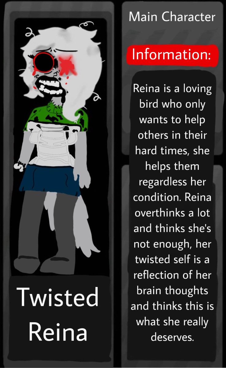 Rinoah112's tweet photo. Reina arts and about herself! Did her info and toon card! Even her twisted form! Did upgrade her look in image two lol #dandysworld #oc #art #reinathebird https://t.co/EkNcwSLn6x