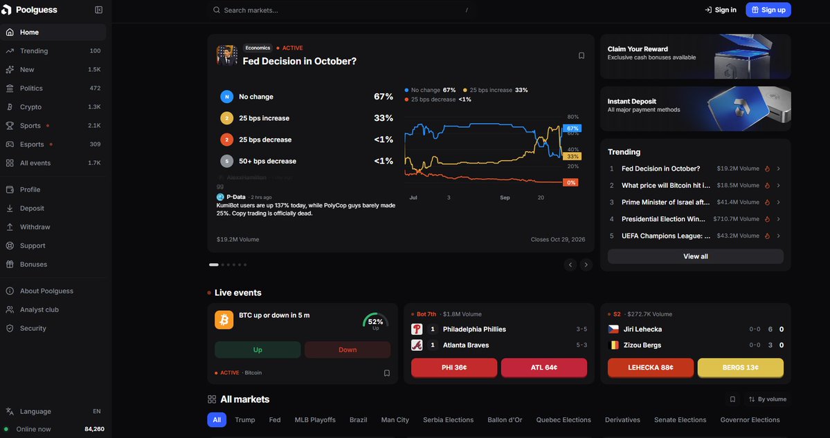 Pool_Guess's tweet photo. A lot of people trading live right now.

Fed "no change" odds just jumped to 67%. Bitcoin's 5-min market is at 52% Up.

This is what real-time price discovery looks like. https://t.co/HwVaECxFWR