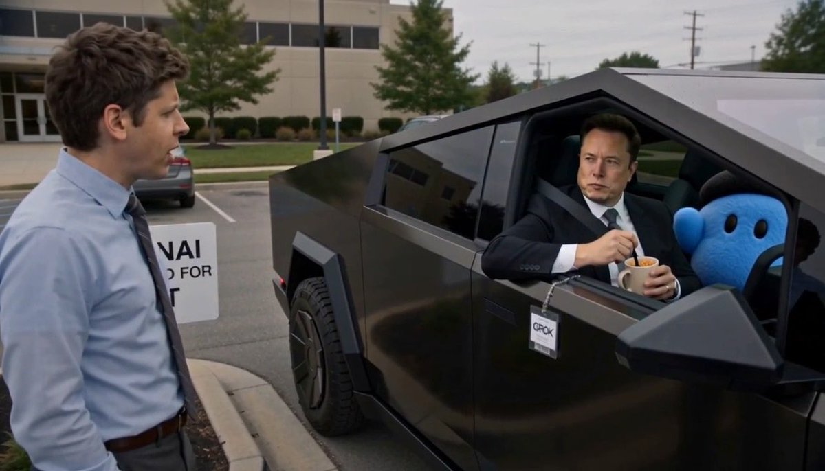 A scene showing a man in a blue shirt and tie looking at a Cybertruck where Elon Musk is seated inside holding a mug, with a blue stuffed toy beside him.