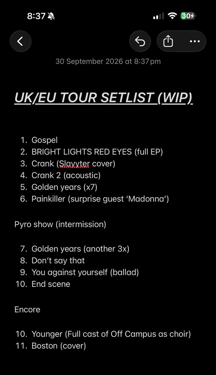 oneruel's tweet photo. messing with tour setlist before night 1 in dublin tmrw notes are welcome x https://t.co/A1TtVMBaYn