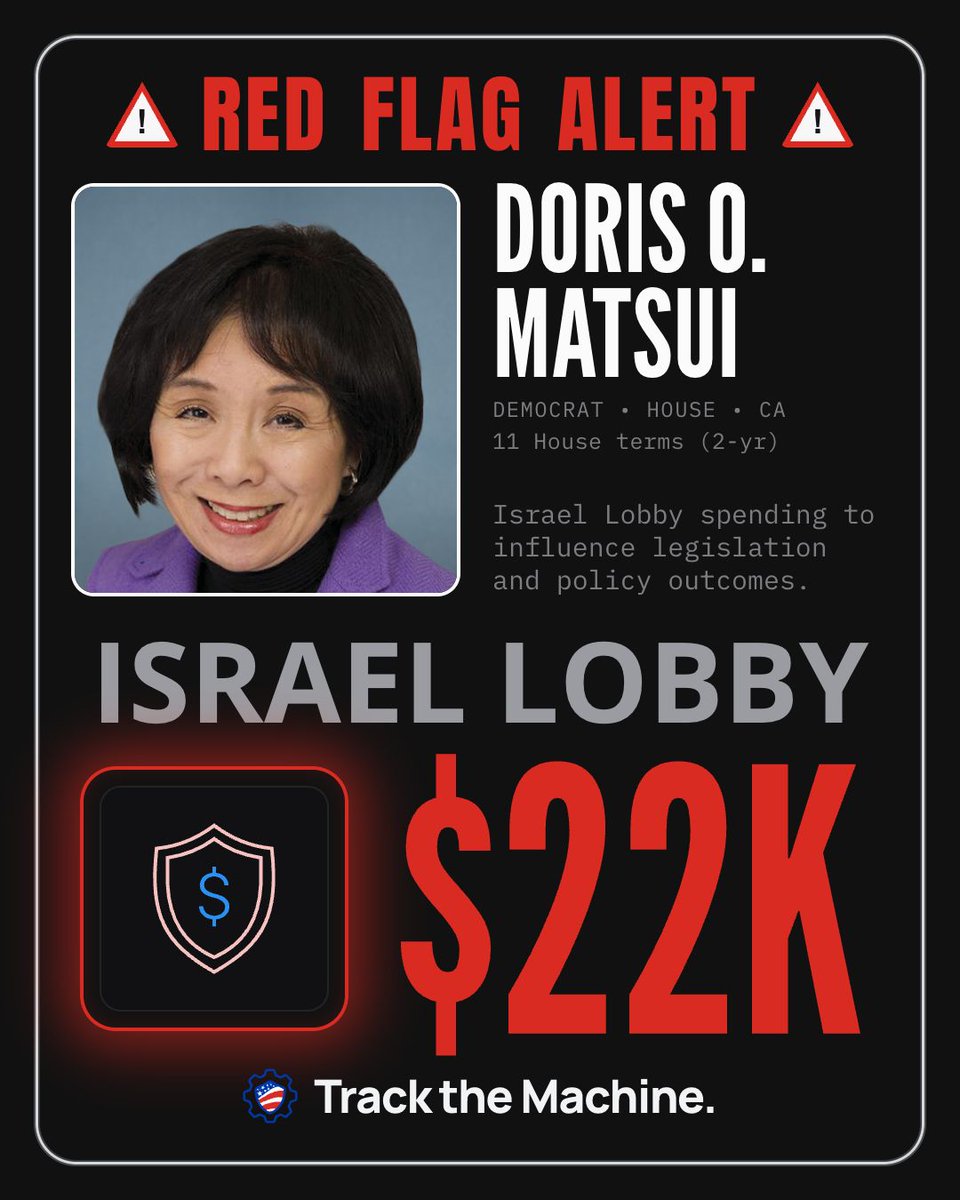 TurnLeftPAC's tweet photo. π© RED FLAG: Per @TracktheMachine, FEC reports show Doris Matsui (D-CA) has received $22K in total donations from the Israel Lobby. Track the money, all the way to the vote. #TrackTheMachine https://t.co/iGxtVybFfw