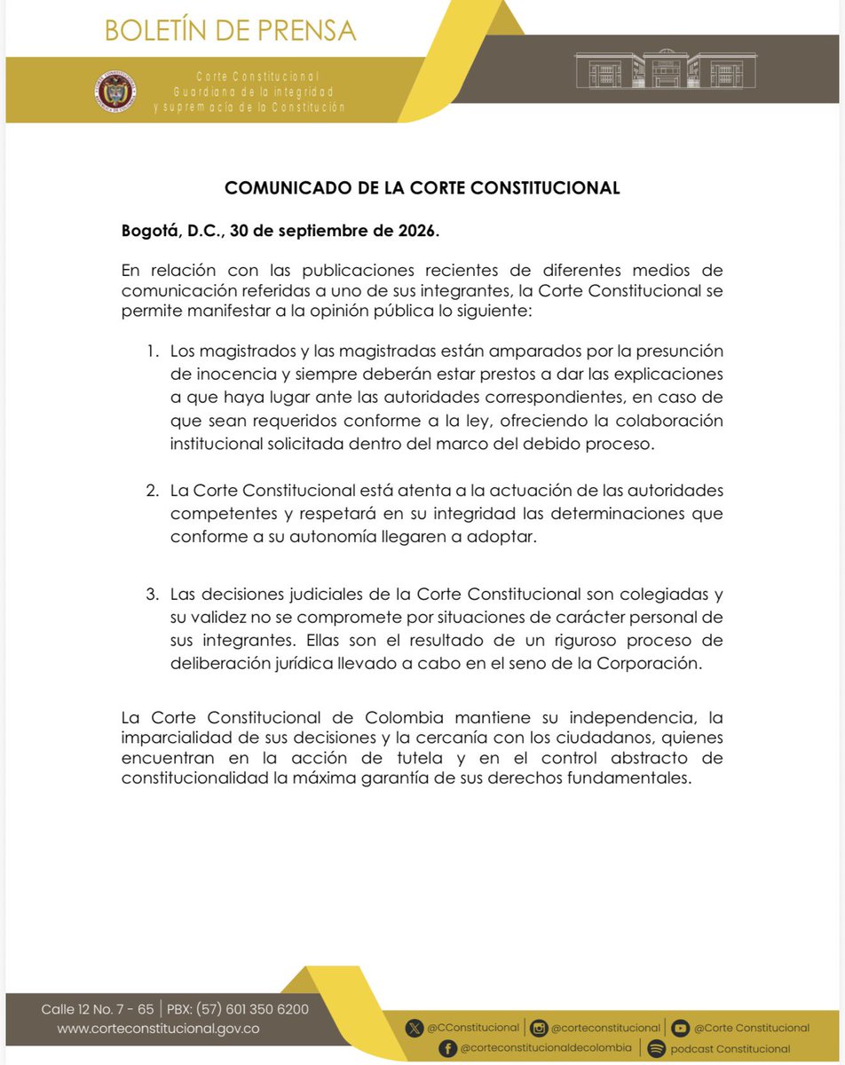 CConstitucional's tweet photo. COMUNICADO DE LA CORTE CONSTITUCIONAL
Bogotá, D.C., 30 de septiembre de 2026 https://t.co/Sh3ZExdIaz