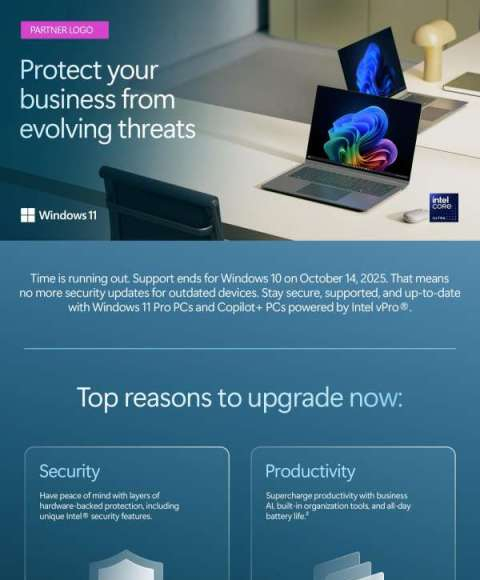 LakeshoreIT's tweet photo. ⏳ Still running Windows 10? Check out the infographic to find out how to avoid security gaps and protect your business with Windows 11 Pro and Intel vPro. @Windows @Copilot @surface https://t.co/cVIVBvHMbw https://t.co/MYyXmBdEY0