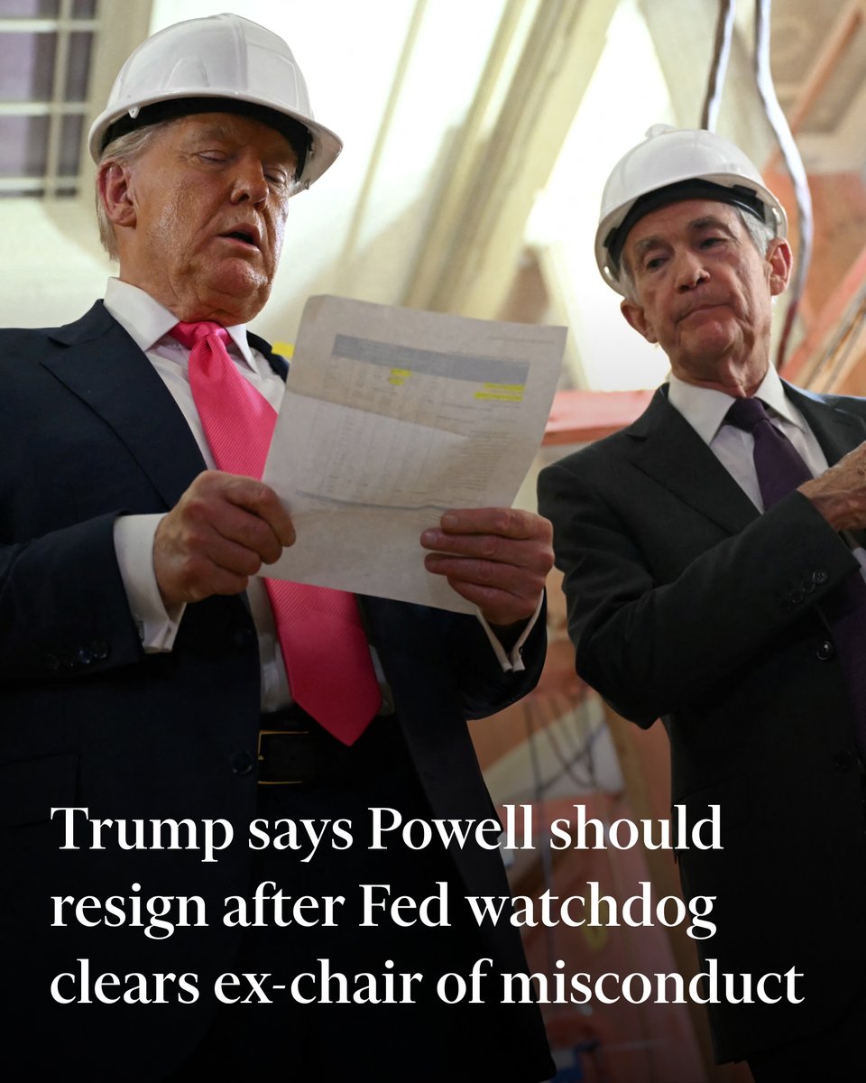 FT's tweet photo. After an investigation into the renovation of the Federal Reserve building found no evidence of criminal wrongdoing, the president wrote on his Truth Social platform: 'This is Jerome Powell’s fault.' https://t.co/jthYiiY8mw https://t.co/yRfcGU0WHO