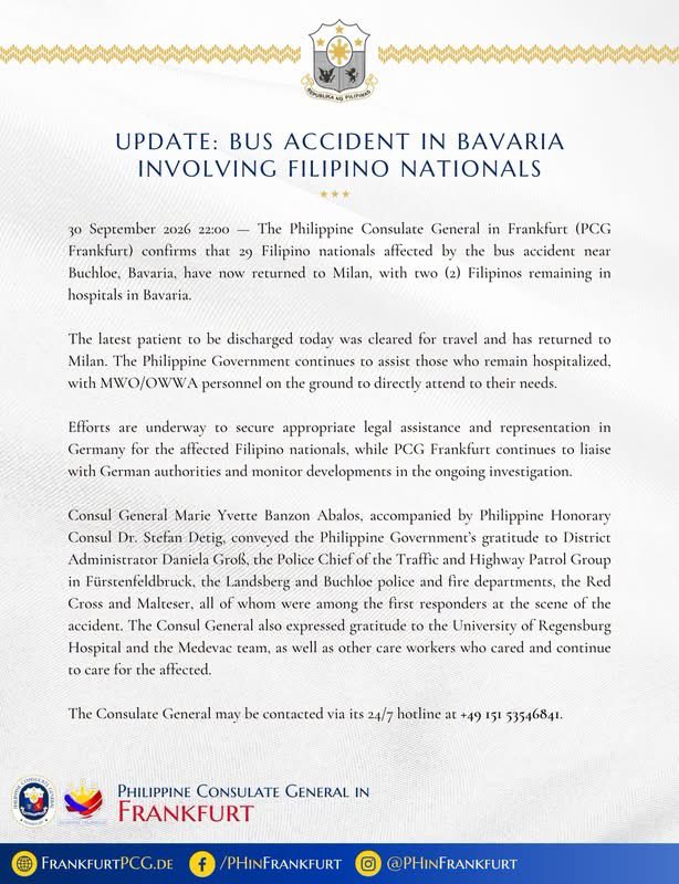fs_abalos's tweet photo. READ: Only two Filipinos injured during the bus accident on Germany’s A96 highway remain hospitalized in Bavaria, the Philippine Consulate General in Frankfurt (PCG Frankfurt) said on Thursday.

The Philippine Government is assisting those still hospitalized, while all 29 passengers discharged from the hospital are back in Milan. 

Legal assistance is being secured for all passengers, while the PCG Frankfurt coordinates with German authorities and monitors the investigation into the accident.

Two Filipinos were killed in the crash. | @bworldph 

📷: Philippine Consulate General in Frankfurt