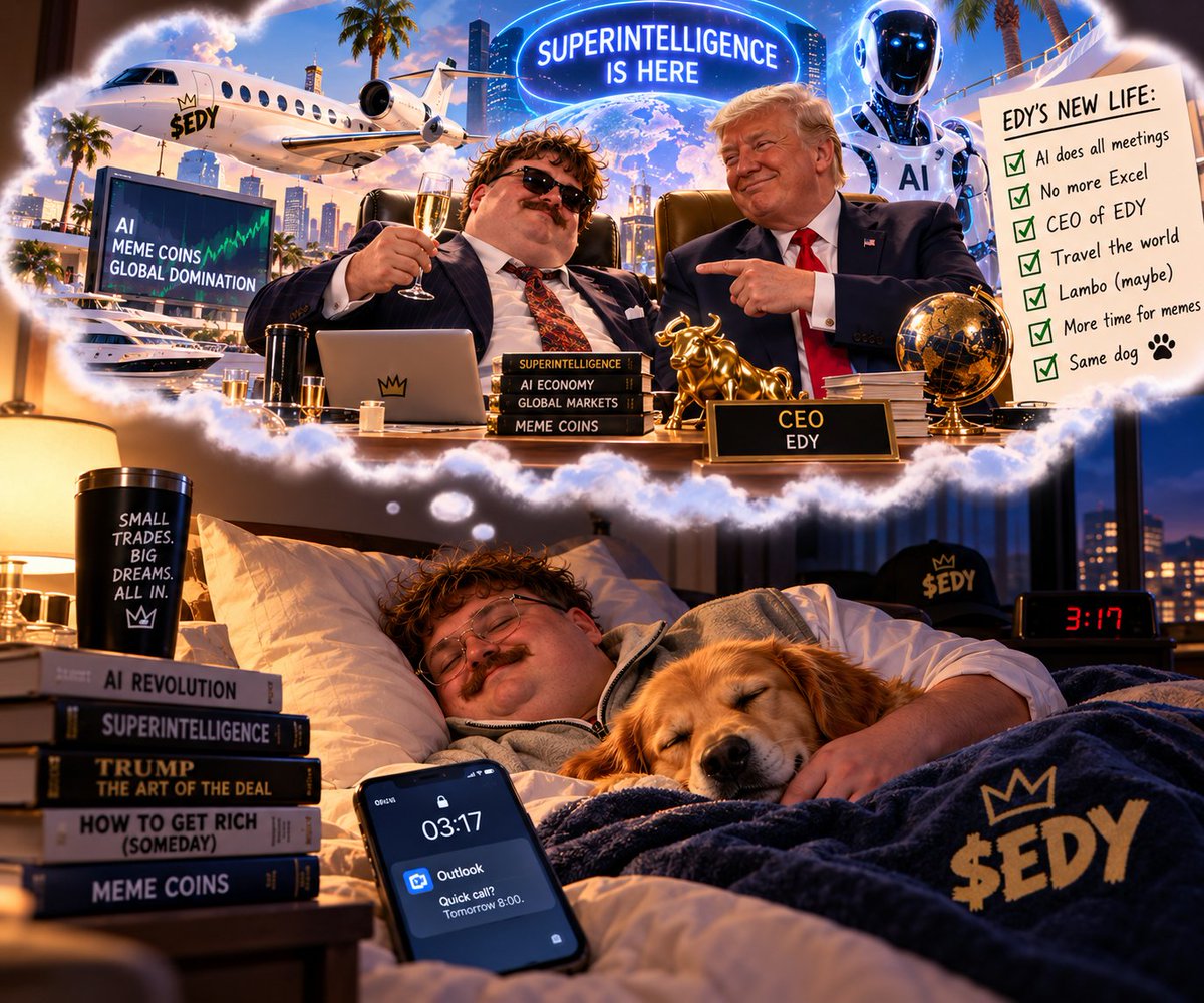 Edyonsol's tweet photo. EDY finally fell asleep.

His brain did not. 🥸

Tonight’s dream:
Trump announces superintelligence.
AI replaces every corporate meeting.
EDY becomes CEO.

What should EDY dream about next? 👇

$EDY — just a meme.
#EDY #MemeCoin #SI #parody https://t.co/Y1CQDtbx72