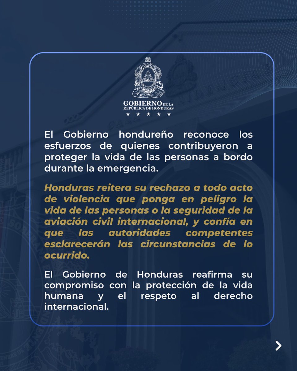 CancilleriaHN's tweet photo. 𝐂𝐎𝐌𝐔𝐍𝐈𝐂𝐀𝐃𝐎 📣

Honduras 🇭🇳 expresa su solidaridad ante el incidente ocurrido a bordo del vuelo FZ1073 de flydubai. ✈️ https://t.co/FcigRw3iRi