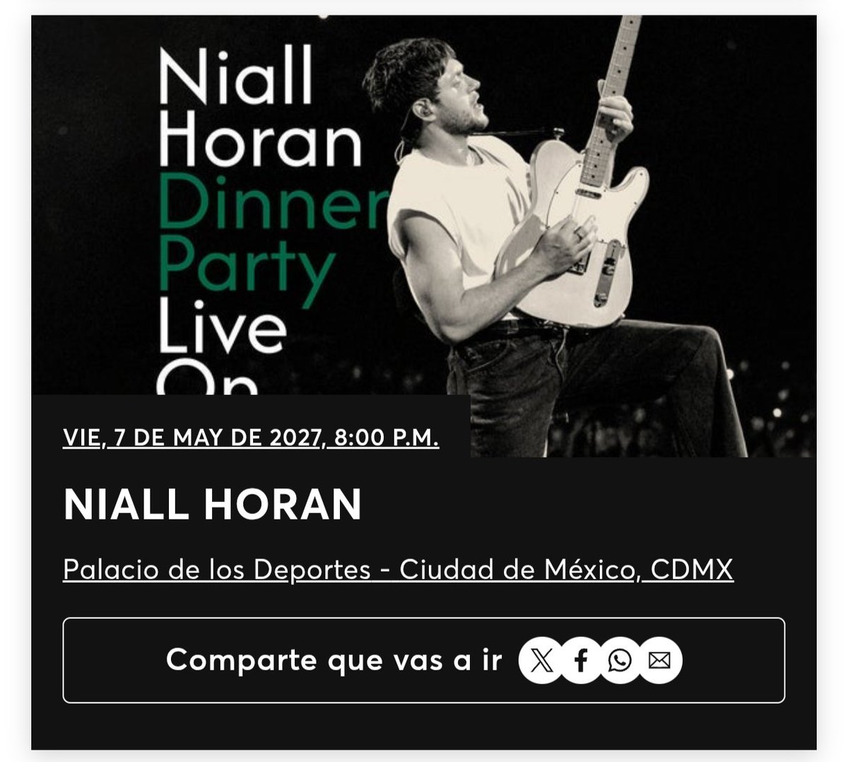 Aletst12's tweet photo. Vendo Boletos Niall Horan en CDMX 

7 de mayo 
2 secc D29 en 1500 c/u 
4 secc Pista en 2400 c/u 

Más info manden DM 

#NiallHoran #DinnerParty #DinnerPartyLiveOnTour #México #CDMX #Tour2027 #1D #LiamPayne #PalacioDeLosDeportes #Tour2026  #Concert #Concierto #Codigo https://t.co/hP8y9KqzkS