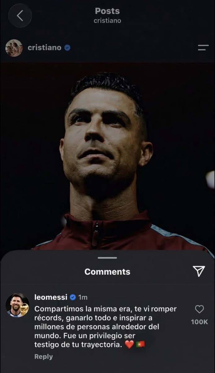 spence28c's tweet photo. 🚨🇦🇷 MESSI COMMENTS ON RONALDO’S POST

Lionel Messi has allegedly commented on Cristiano Ronaldo’s retirement post, leaving a heartfelt message for his longtime rival:

🇪🇸 Messi:
“Compartimos la misma era, te vi romper récords, ganarlo todo e inspirar a millones de personas alrededor del mundo. Fue un privilegio ser testigo de tu trayectoria.” ❤️🇵🇹

🇬🇧 English translation:
“We shared the same era. I watched you break records, win everything and inspire millions of people around the world. It was a privilege to witness your journey.” ❤️🇵🇹