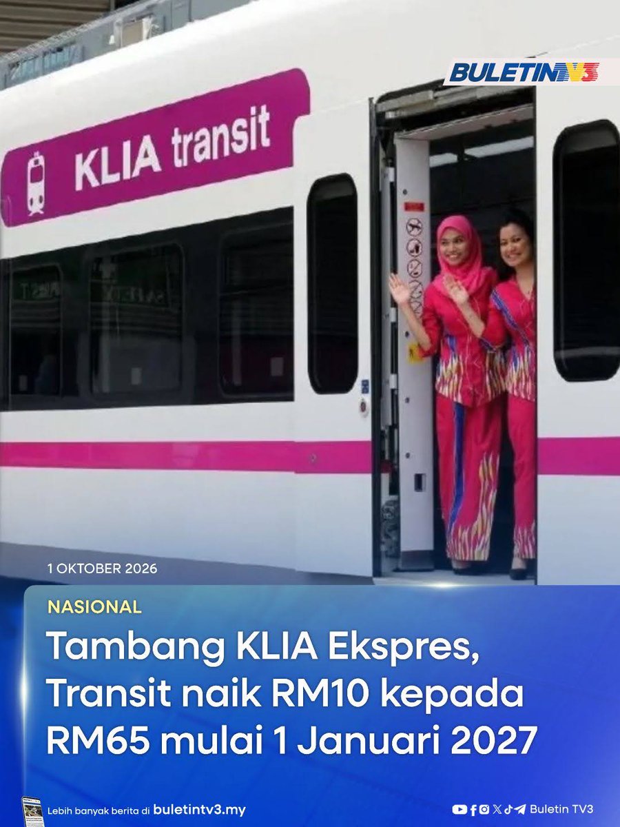 BuletinTV3's tweet photo. NASIONAL | Kadar tambang sehala KLIA Ekspres dan KLIA Transit bagi penumpang dewasa antara KL Sentral dan Lapangan Terbang Antarabangsa Kuala Lumpur (KLIA), Sepang, akan dinaikkan daripada RM55 kepada RM65 mulai 1 Januari tahun depan. 

#BuletinTV3 #KLIATransit #KLIAEkspres #ERL https://t.co/5BB2WRlmCz