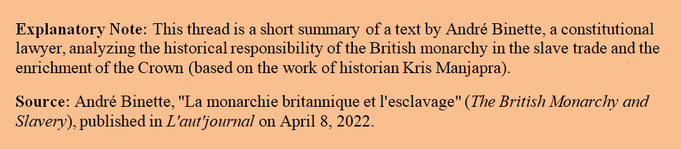 AlexJ28833702's tweet photo. As Paul St-Pierre Plamondon (PSPP) reaffirms his commitment to abolishing the monarchy in Québec, here is a thread on a dark and lesser-known chapter of the British Crown: its role in the transatlantic slave trade and the source of its wealth.
🧵👇
#Québec #Canada #Monarchy https://t.co/fXy0UaWgJ0