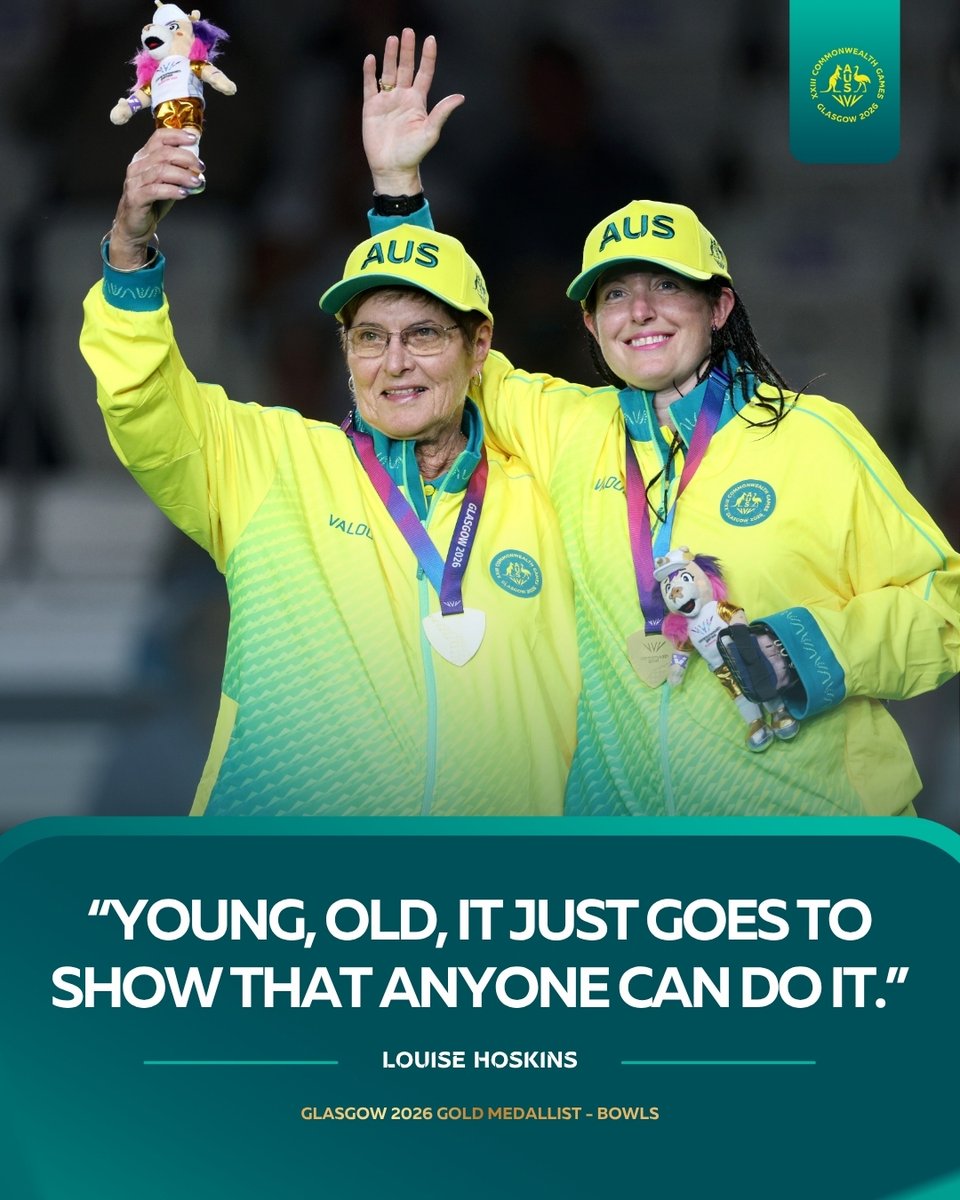 CommGamesAUS's tweet photo. 🤩 76 years old and first Commonwealth Games gold. 

🥇 On International Day of Older Persons, we're celebrating Bowls champion Louise Hoskins - the oldest gold medallist in Commonwealth Games history.

#WeAreUNSTOPPABLE #CommGamesAUS #Glasgow2026 @BowlsAustralia https://t.co/5R0gI748Fl