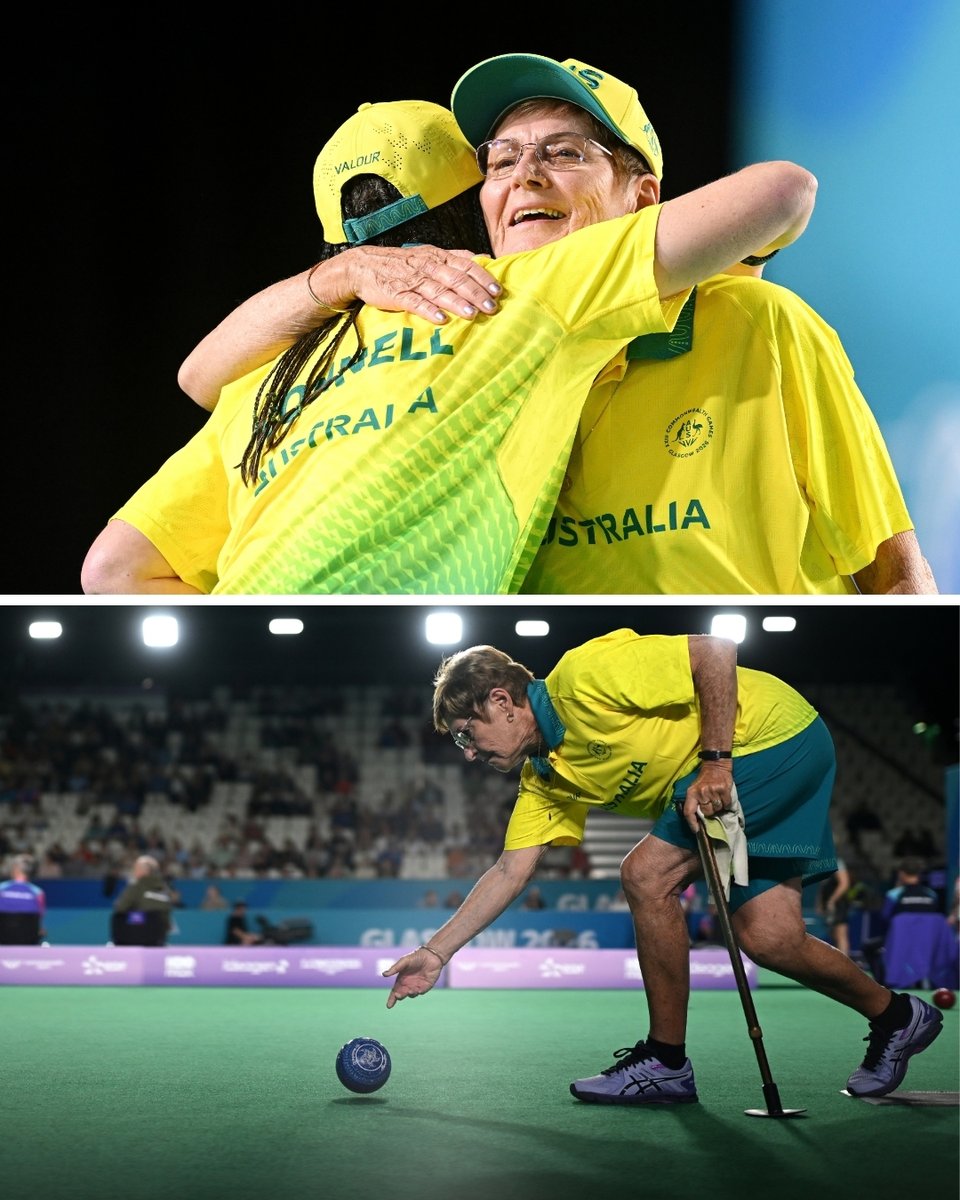CommGamesAUS's tweet photo. 🤩 76 years old and first Commonwealth Games gold. 

🥇 On International Day of Older Persons, we're celebrating Bowls champion Louise Hoskins - the oldest gold medallist in Commonwealth Games history.

#WeAreUNSTOPPABLE #CommGamesAUS #Glasgow2026 @BowlsAustralia https://t.co/5R0gI748Fl
