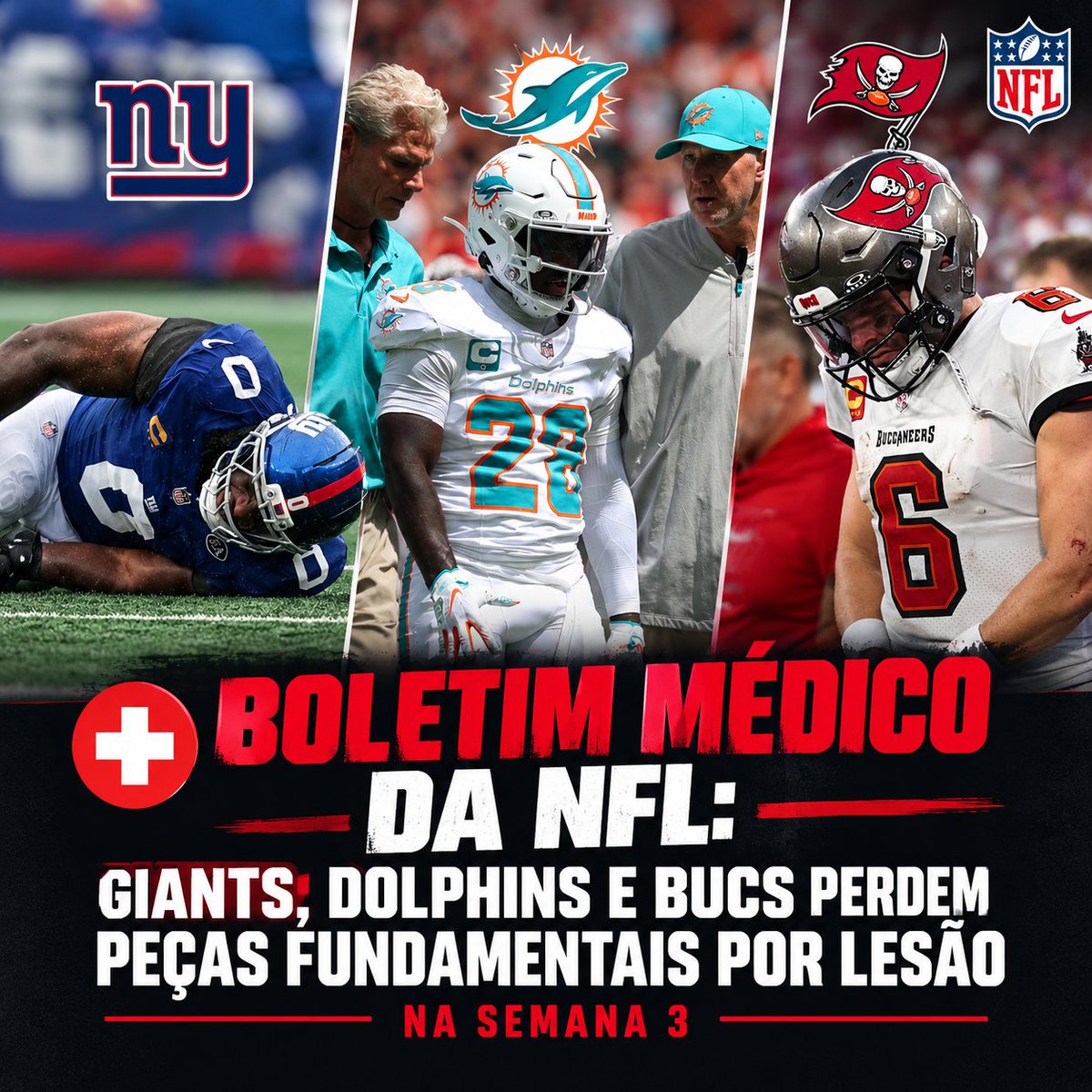 InsidetheLigas's tweet photo. BOLETIM MÉDICO DA NFL: GIANTS, DOLPHINS E BUCS PERDEM PEÇAS FUNDAMENTAIS POR LESÃO NA SEMANA 3

A Semana 3 da temporada 2026-27 da NFL foi marcada por uma verdadeira "epidemia" de contusões graves, com várias estrelas e jogadores cruciais, deixando os gramados por longos períodos.

Brian Burns, EDGE, New York Giants: Sofreu uma ruptura no ligamento cruzado anterior (ACL) e está fora da temporada. A defesa perde sua principal engrenagem de pressão aos QBs adversários.

De'Von Achane, Running Back, Miami Dolphins: Teve uma ruptura total no ACL. Ele passará por cirurgia e não joga mais nesta temporada. Um golpe devastador para os Dolphins, sendo o principal jogador da equipe ofensivamente.

Baker Mayfield, Quarterback, Tampa Bay Buccaneers: Foi diagnosticado com uma luxação no polegar da mão direita. Com isso, o QB titular da franquia deve ser desfalque por múltiplas semanas, estimativa inicial de pelo menos 3 semanas fora.

Leo Chenal, Linebecker, Washington Commanders:  Passou por cirurgia de emergência e está fora da temporada. Ele sofreu uma grave lesão no pescoço durante a vitória contra os Seahawks. Uma ausência complicada para a defesa de Washington, que perde seu principal jogador contra o jogo corrido.

Jaycee Horn, Cornerback, Carolina Panthers: Teve uma ruptura no quadríceps, sofrida no quarto período da derrota contra os Browns. Os Panthers colocaram Horn oficialmente na Injured Reserve. Ele deve desfalcar a equipe por um período estimado de 6 a 12 semanas.

Breece Hall, Running Back, New York Jets: Lesão no quadríceps direito/coxa, ocorrida na partida contra os Lions. Foi constatado como "week-to-week" e a ressonância magnética descartou um problema de longo prazo. Ele não treinou com a equipe e está praticamente descartado para o jogo de domingo contra os Bears.

Mike Evans, Wide Receiver, San Francisco 49ers: Estiramento na costela após sofrer uma pancada forte do Safety Budda Baker no segundo quarto da vitória contra os Cardinals. Status dele é "day-to-day". Evans não treinou com a equipe, mas o técnico Kyle Shanahan informou que ele ainda tem chances de  jogar na Semana 4 contra os Broncos.

Justin Jefferson, Wide Receiver, Minnesota Vikings: Entorse leve no tornozelo direito ocorrida logo no primeiro quarto contra os Bucs, quando seu pé prendeu sob uma pilha de jogadores. Ele foi considerado "day-to-day" e evitou qualquer lesão estrutural mais grave. O jogador tem chances reais de enfrentar os Dolphins na semana 4