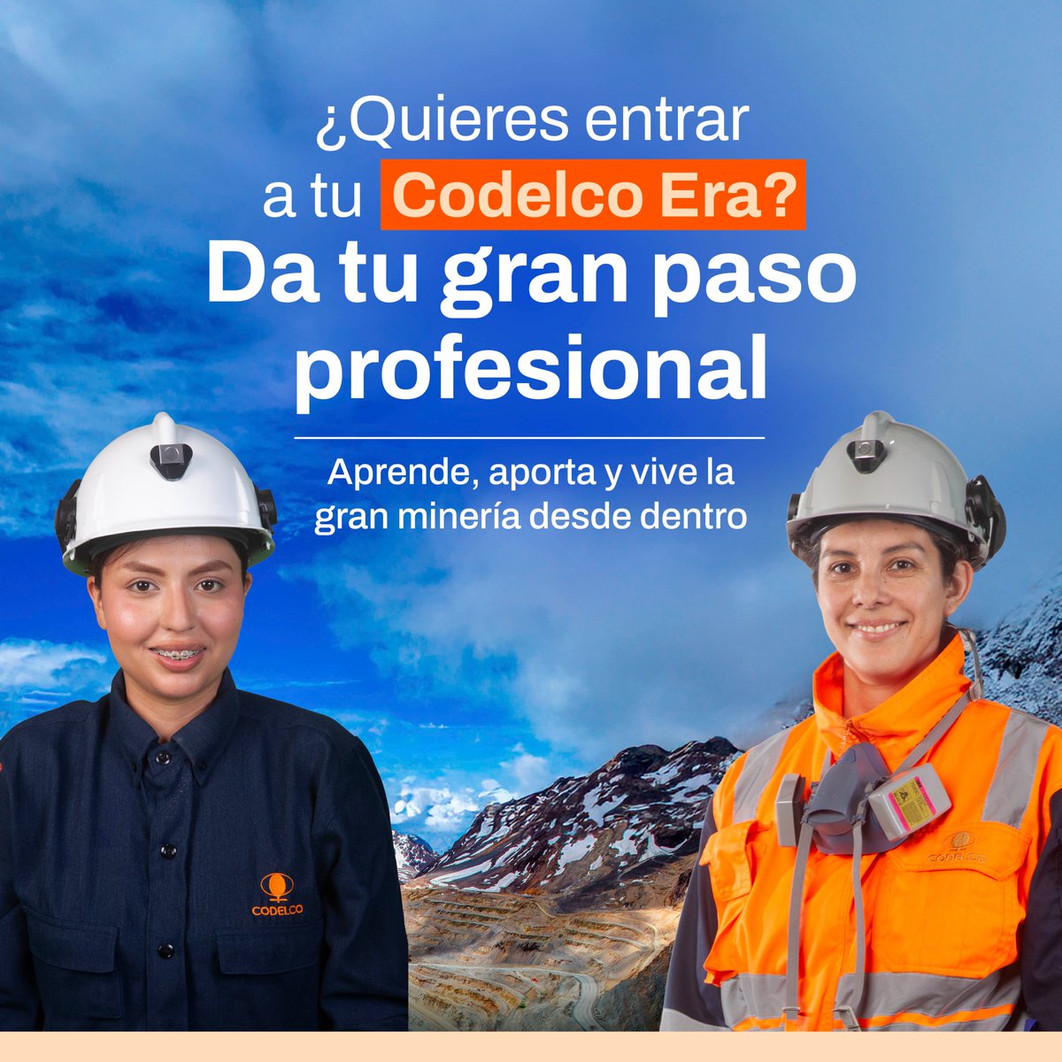 CodelcoChile's tweet photo. ⏳ Todavía estás a tiempo de postular.

La convocatoria de Prácticas y Memorias Verano 2027 entra en su etapa final.

👷‍♀️👷 Buscamos estudiantes de distintas carreras y especialidades que quieran aprender y conocer de cerca los desafíos de una industria que se transforma todos los días.

🤝 Una oportunidad para sumar experiencia, trabajar junto a equipos de Codelco y poner tus conocimientos al servicio de una minería que busca hacer las cosas mejor, siempre con la seguridad como prioridad.

📅 Postulaciones abiertas hasta el 7 de octubre de 2026.

👉 Revisa los requisitos y postula aquí:
https://t.co/cKmv63oHGw

#Codelco #Prácticas #Memorias