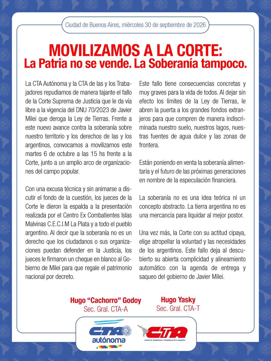 CTAAutonoma's tweet photo. 🥁 MOVILIZAMOS A LA CORTE: LA PATRIA NO SE VENDE. LA SOBERANÍA TAMPOCO. https://t.co/JSw3N4icdI
