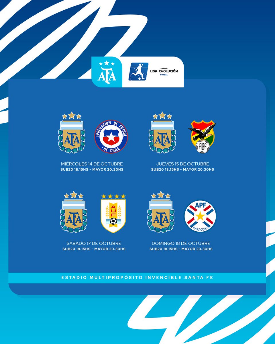 Nachitoalm2's tweet photo. #Futsal | La #LigaEvoluciónFS 🏆 llega a Santa Fe.
El torneo de selecciones organizado por conmebol que se disputará del 14 al 18 de octubre va a tener lugar en la capital santafesina, el estadio "Invencible" va a ser sede del certamen.
👇🏼 Rivales, dias y horarios de Argentina. https://t.co/Gi0hn8IraF