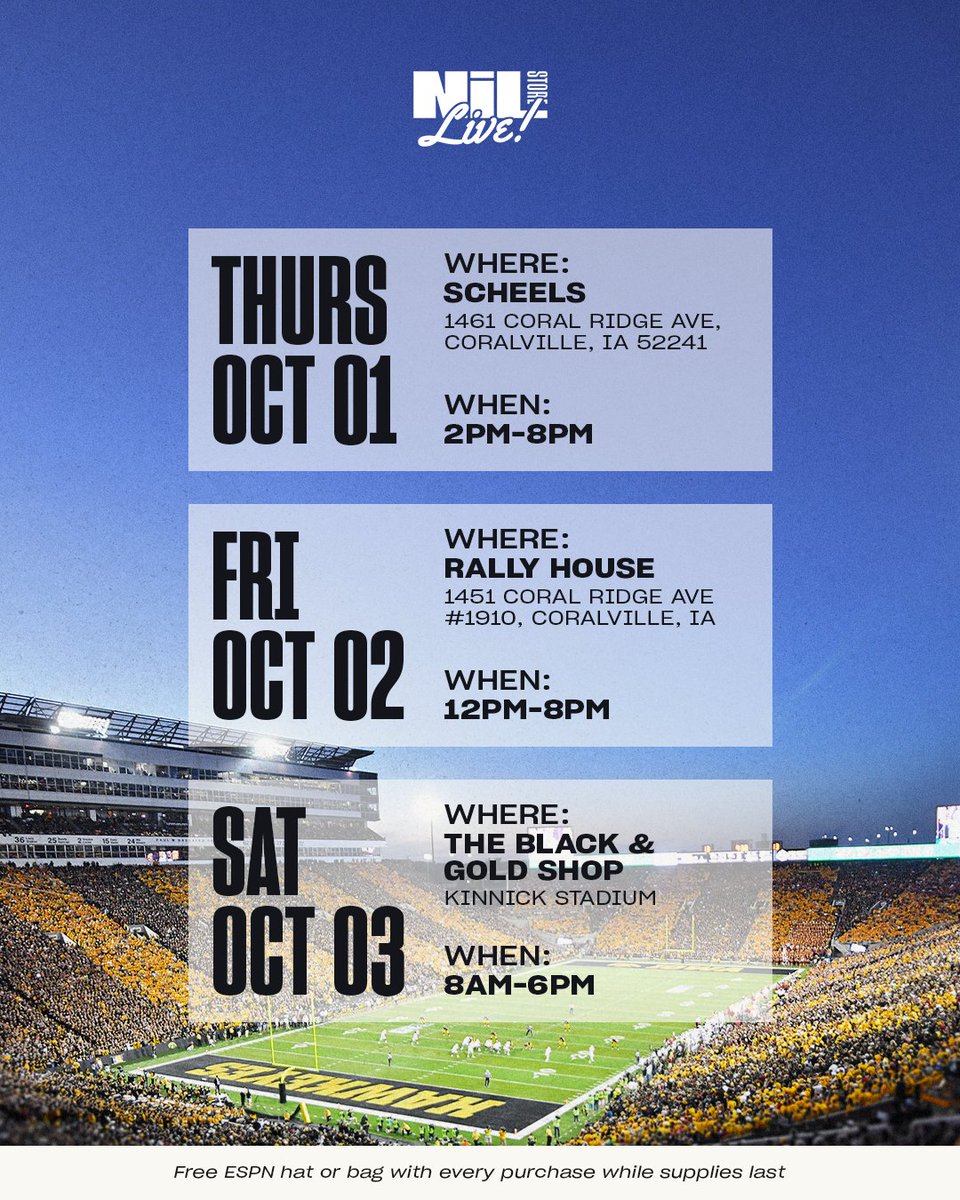 IowaNILStore's tweet photo. Our full NIL Store Live Schedule is set! 

10/1 - @SCHEELS Iowa City (2 PM-8PM)
10/2 - @Rally_House (12 PM-8 PM)
10/3 - The Black &amp; Gold Shop (Kinnick Stadium, 8 AM-6 PM)

You get a free customized ESPN hat or tote bag with every purchase of our collection! https://t.co/vBW930KT71