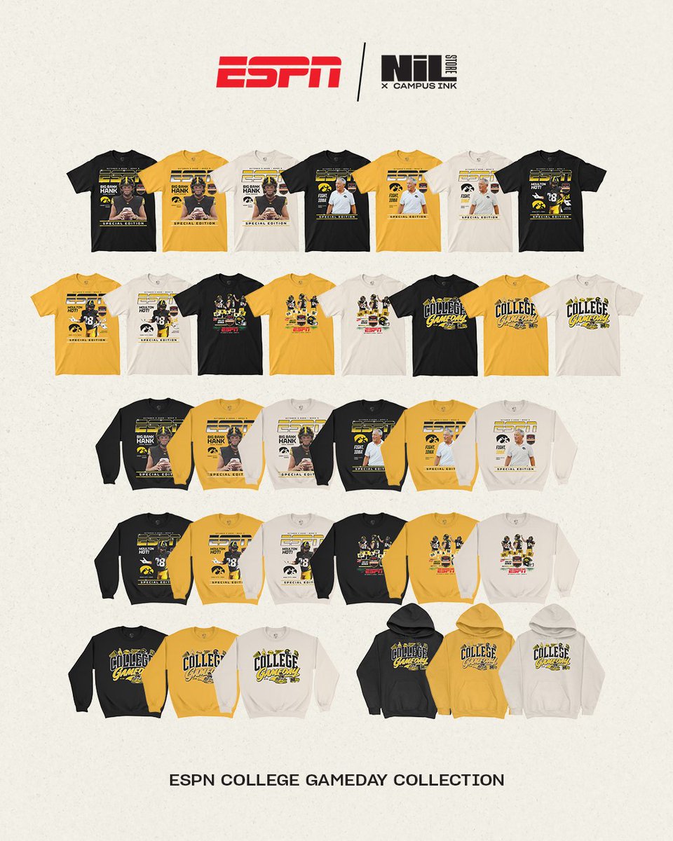 IowaNILStore's tweet photo. Our full NIL Store Live Schedule is set! 

10/1 - @SCHEELS Iowa City (2 PM-8PM)
10/2 - @Rally_House (12 PM-8 PM)
10/3 - The Black &amp; Gold Shop (Kinnick Stadium, 8 AM-6 PM)

You get a free customized ESPN hat or tote bag with every purchase of our collection! https://t.co/vBW930KT71