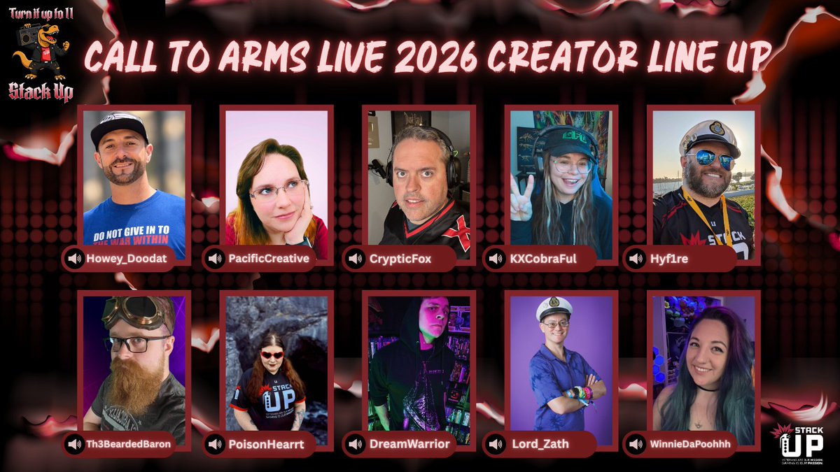 StackUpDotOrg's tweet photo. 🚨Announcement incoming!🚨

Call to Arms LIVE is happening November 11, 2026 from 12-8 PM PST. We have our lineup for our participants who will be joining us for this live fundraising event. 🎉 

@Hyf1re | @pacificcreates | @1CrypticFox | KXCobraFul | Howey_Doodat | @th3beardedbaron | @ImDreamWarrior | @poisonedheart77 | @Lord_Zath | @WinnieDaPoohhh

More updates about the event coming soon!