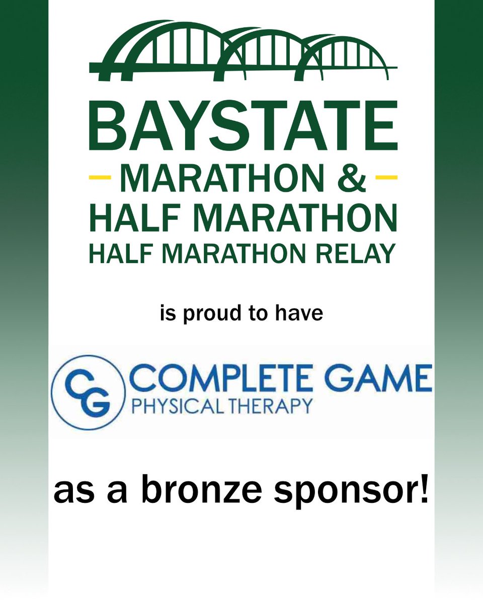 RunBaystate's tweet photo. We’re proud to welcome Complete Game Physical Therapy as a Bronze Sponsor of the Baystate Marathon, Half Marathon &amp; Half Marathon Relay! 🏃‍♀️🏃‍♂️

Thank you for supporting our runners and the Baystate race community! 💚💛

#BaystateMarathon #RunBaystate https://t.co/50t2emO1DB